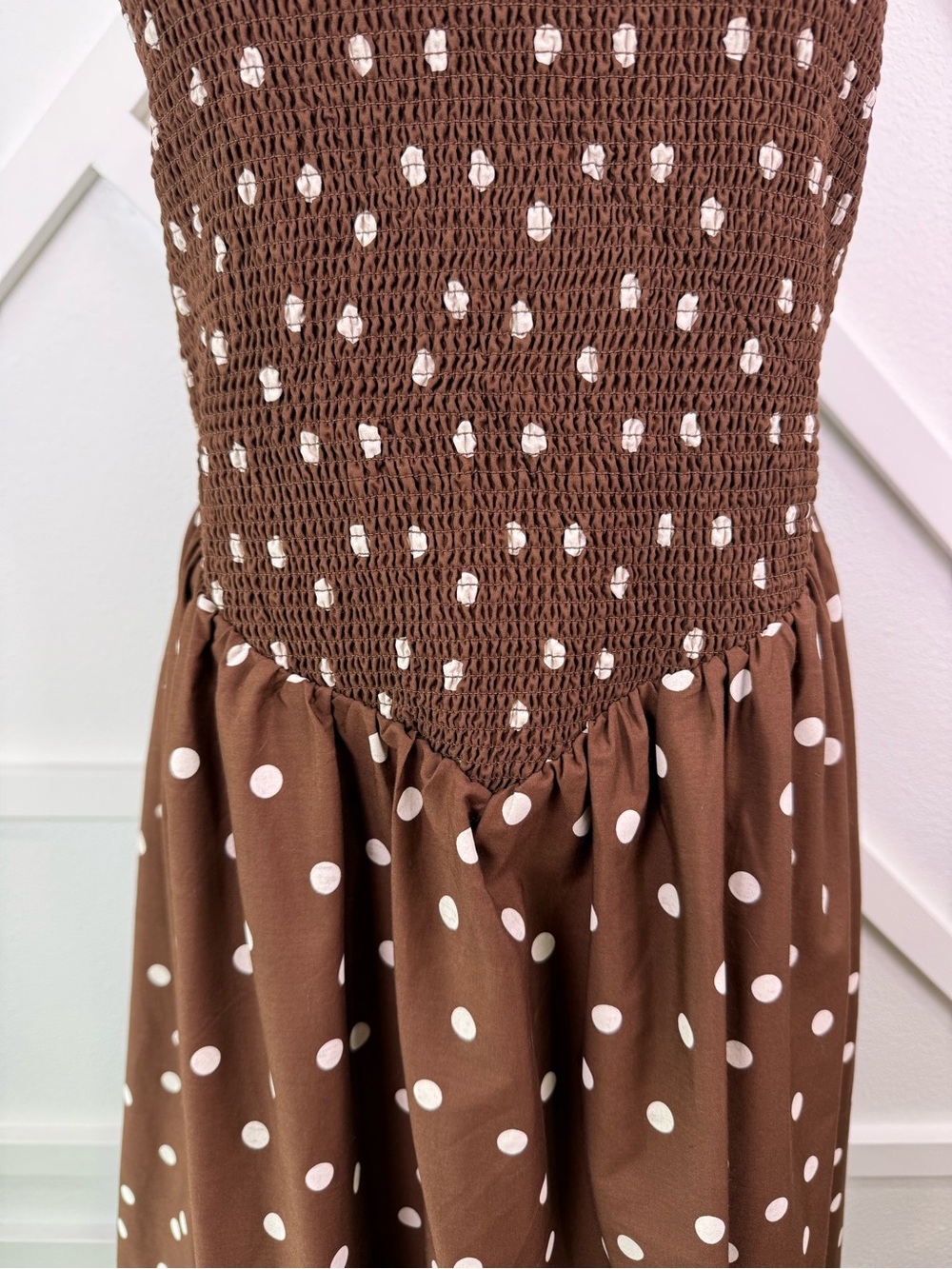 NWT Abercrombie & Fitch Smocked Dipped Waist Midi Dress Brown Polka Dot L Tall - Picture 3 of 12